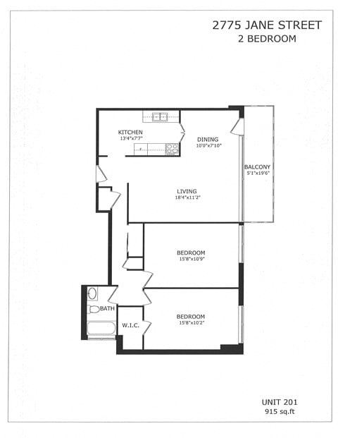 Floor plan for 2 beds, 1 bath, 915 sqft