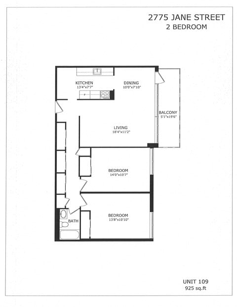 Floor plan for 2 beds, 1 bath