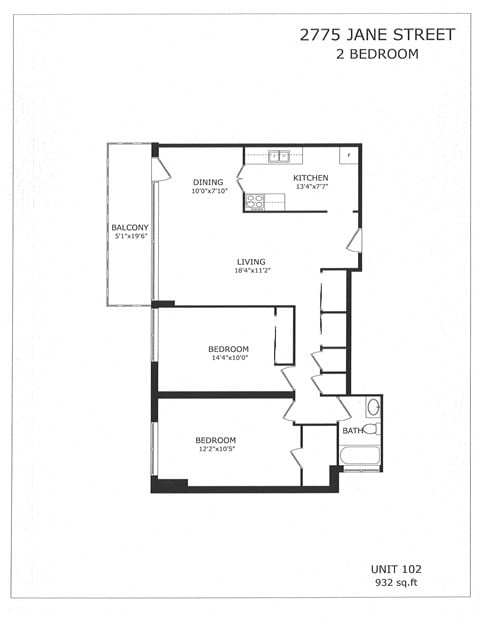 Floor plan for 2 beds, 1 bath