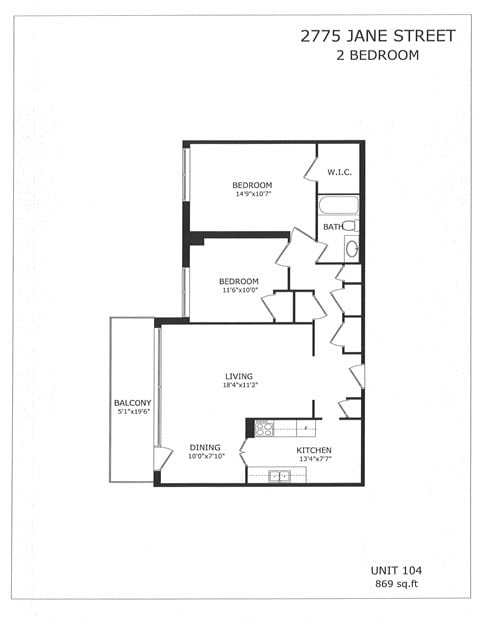 Floor plan for 2 beds, 1 bath
