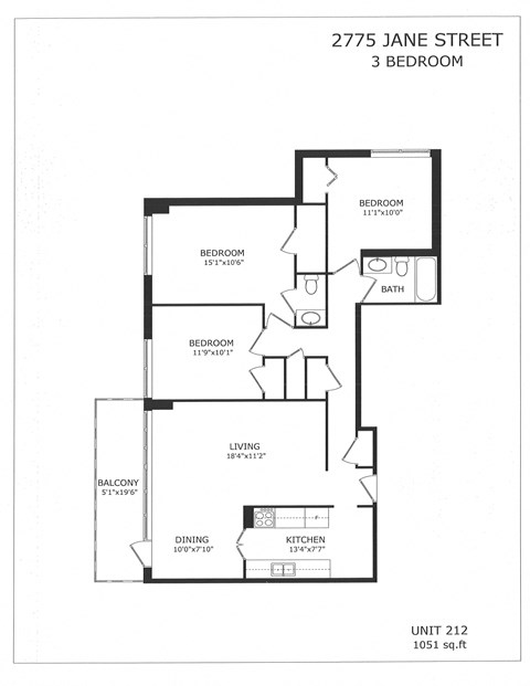 Floor plan for 3 beds, 2 baths, 1051 sqft