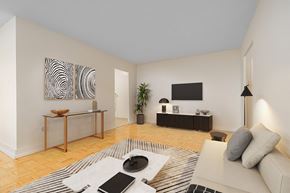 North York apartment for rent - A modern living room with a white couch, a coffee table, and a zebra print rug.