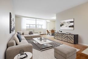 London apartment for rent - A living room with a grey sofa, a coffee table, and a rug.