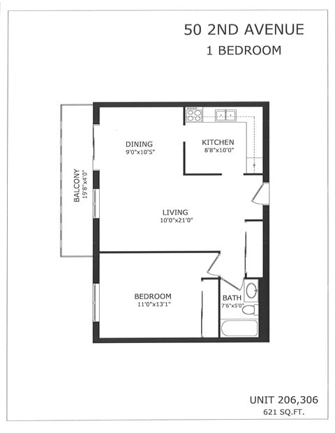 Floor plan for 1 bed, 1 bath, 621 sqft