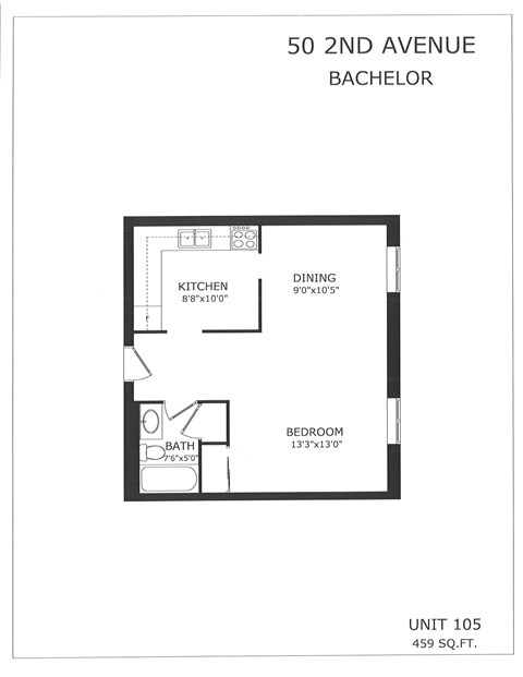 Floor plan for studio, 1 bath, 459 sqft