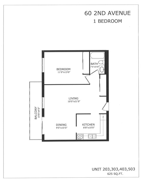 Floor plan for 1 bed, 1 bath, 657 sqft