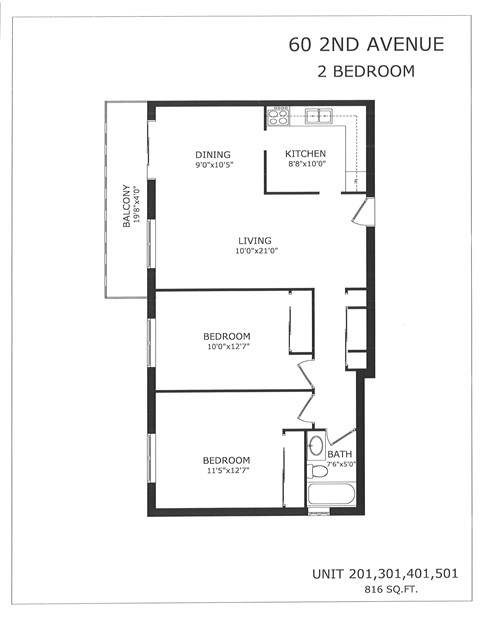 Floor plan for 2 beds, 1 bath, 928 sqft