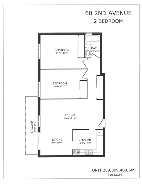 Floor plan for 2 beds, 1 bath, 816 sqft