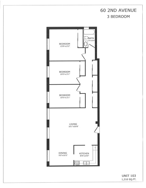 Floor plan for 3 beds, 1 bath, 1210 sqft