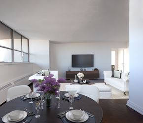 Toronto apartment for rent - A modern dining room with a black table set for two.