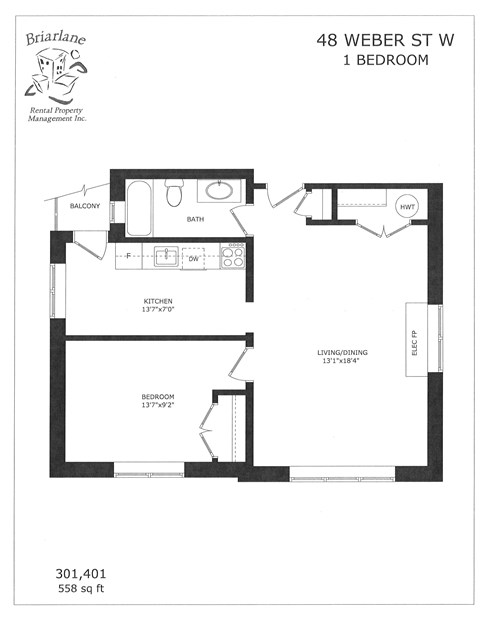 Floor plan for 1 bed, 1 bath