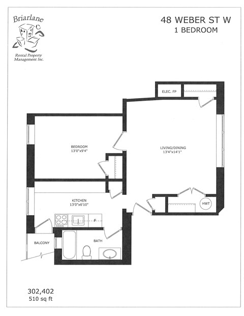 Floor plan for 1 bed, 1 bath