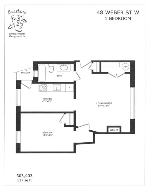 Floor plan for 1 bed, 1 bath, 522 sqft