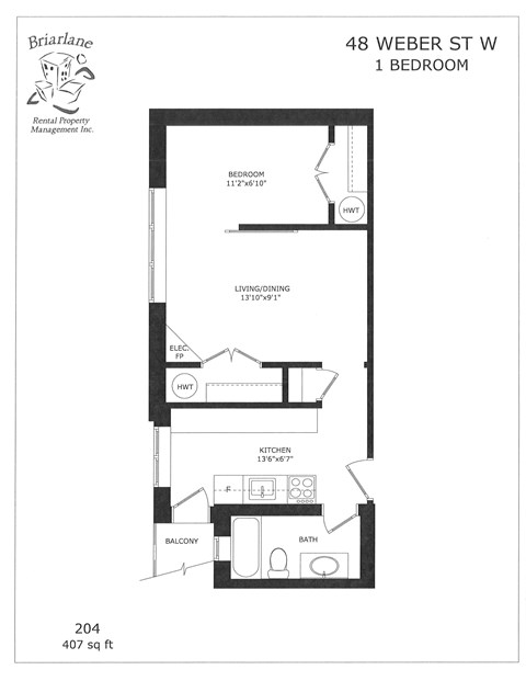 Floor plan for 1 bed, 1 bath, 407 sqft
