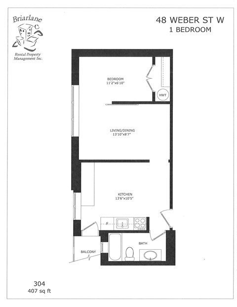Floor plan for 1 bed, 1 bath