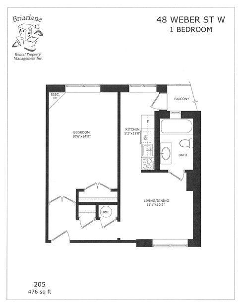 Floor plan for 1 bed, 1 bath