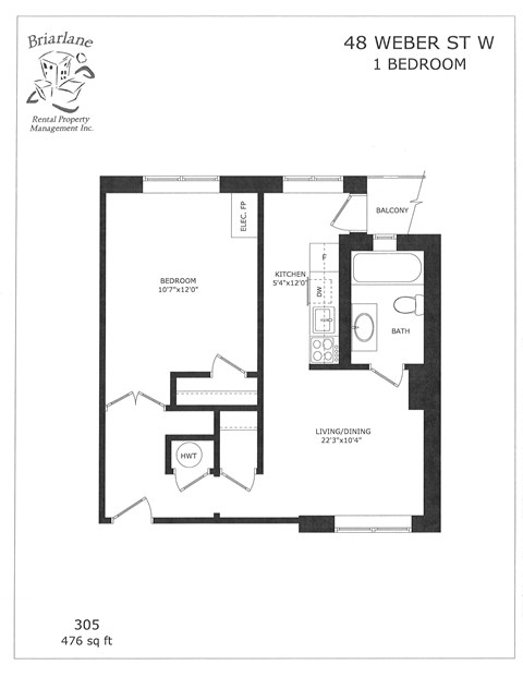 Floor plan for 1 bed, 1 bath