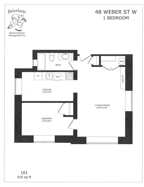 Floor plan for 1 bed, 1 bath, 516 sqft