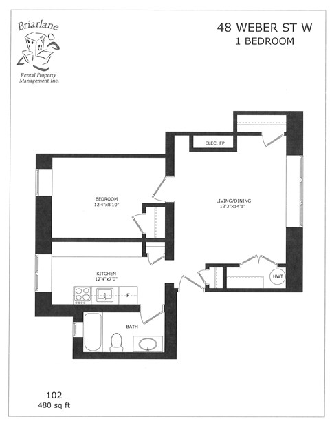 Floor plan for 1 bed, 1 bath