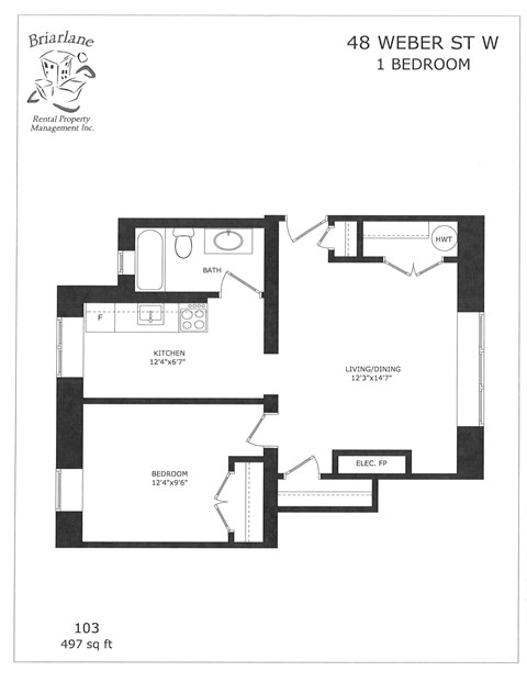 Floor plan for 1 bed, 1 bath