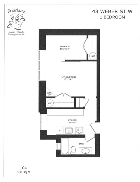 Floor plan for 1 bed, 1 bath