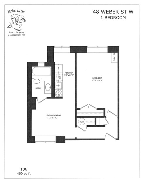 Floor plan for 1 bed, 1 bath