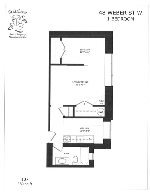 Floor plan for 1 bed, 1 bath, 380 sqft