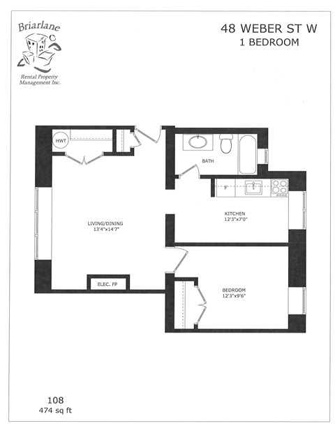 Floor plan for 1 bed, 1 bath, 474 sqft