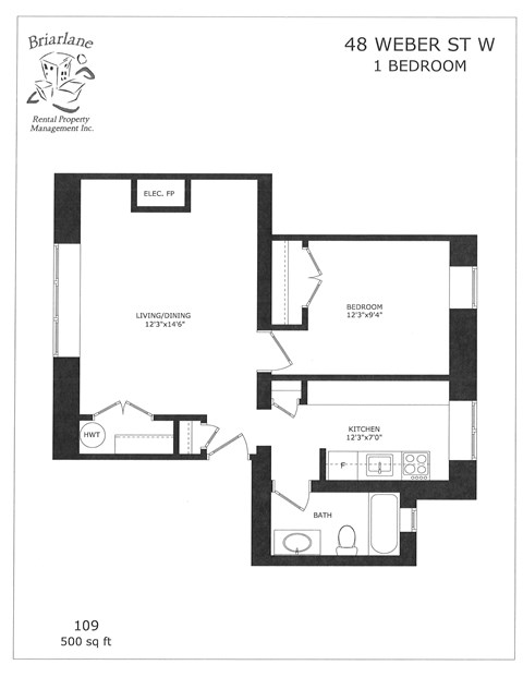 Floor plan for 1 bed, 1 bath, 500 sqft