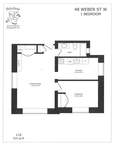 Floor plan for 1 bed, 1 bath, 515 sqft