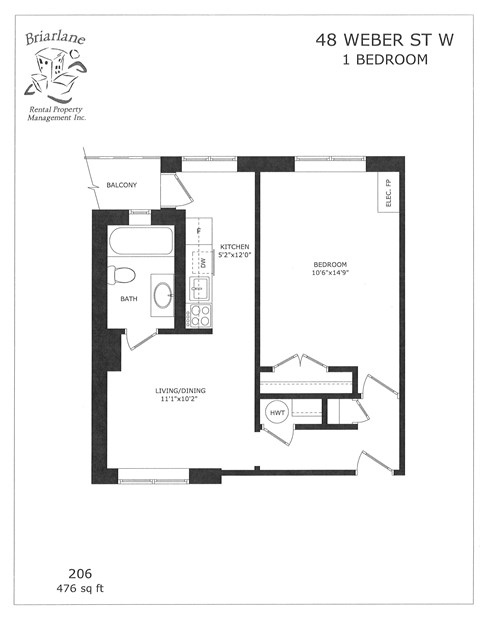 Floor plan for 1 bed, 1 bath
