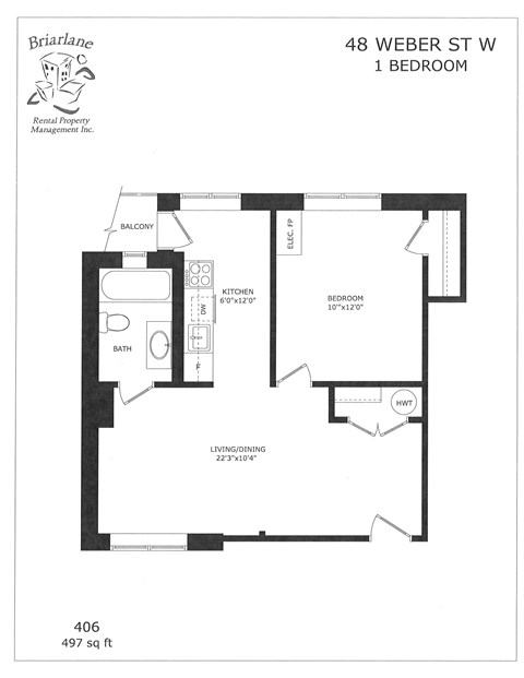 Floor plan for 1 bed, 1 bath, 497 sqft