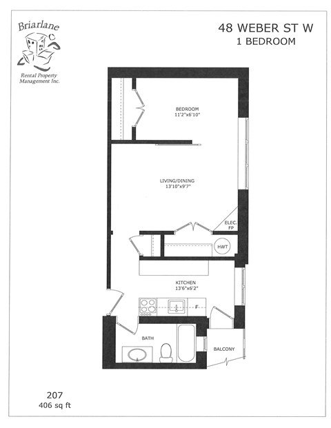 Floor plan for 1 bed, 1 bath, 406 sqft