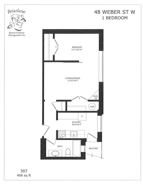 Floor plan for 1 bed, 1 bath