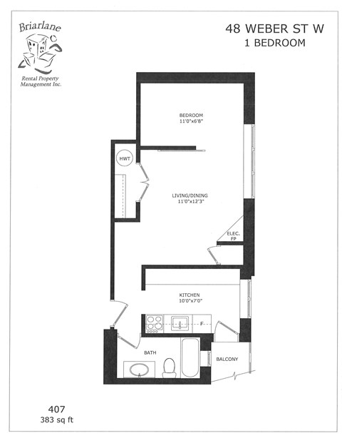 Floor plan for 1 bed, 1 bath