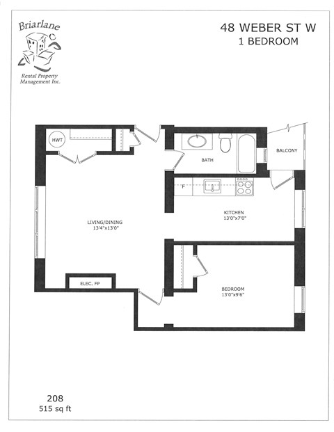 Floor plan for 1 bed, 1 bath