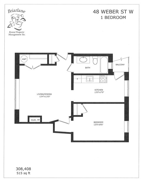 Floor plan for 1 bed, 1 bath, 515 sqft