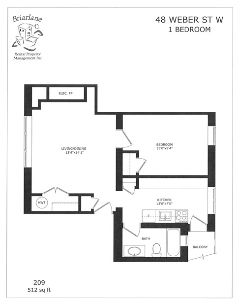 Floor plan for 1 bed, 1 bath