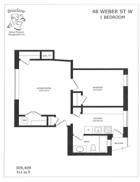 Floor plan for 1 bed, 1 bath