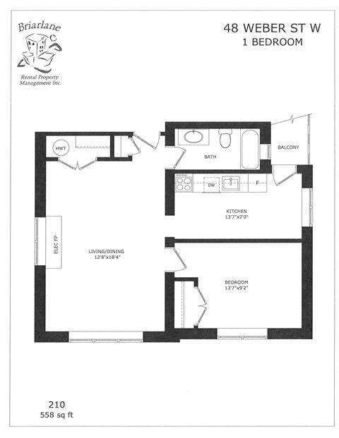 Floor plan for 1 bed, 1 bath, 558 sqft