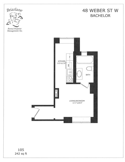 Floor plan for studio, 1 bath, 242 sqft