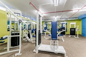 Etobicoke apartment for rent - A gym with a variety of equipment including a squat rack, bench press, and a leg press machine.