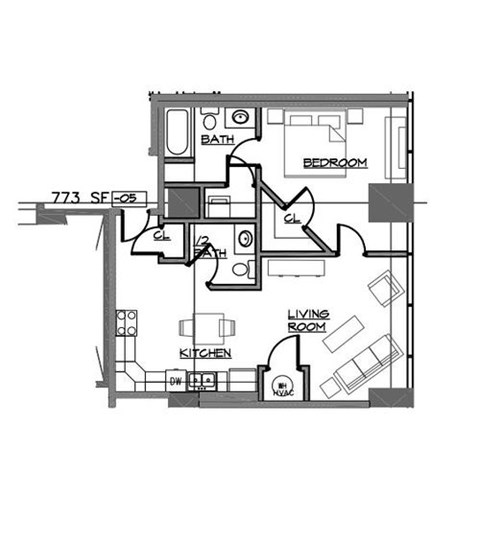 Floor plan for 1 bed, 1.5 baths, 1153 sqft