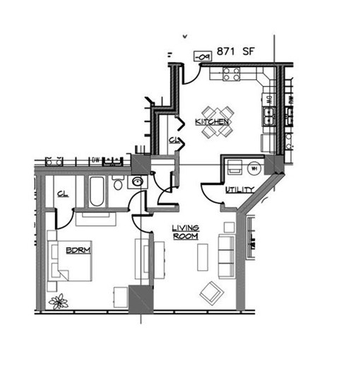 Floor plan for 1 bed, 1 bath, 871 sqft