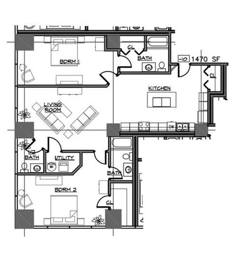 Floor plan for 2 beds, 2.5 baths, 1470 sqft