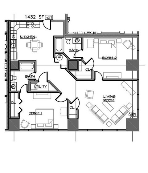 Floor plan for 2 beds, 2 baths, 1470 sqft
