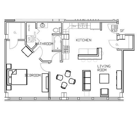 Floor plan for 1 bed, 1 bath, 932 sqft