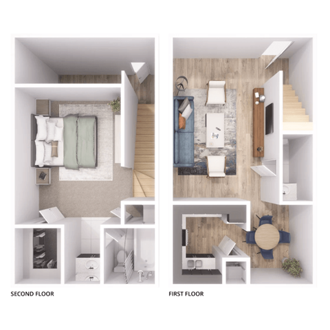 Floor plan for 1 bed, 1.5 baths, 720 sqft