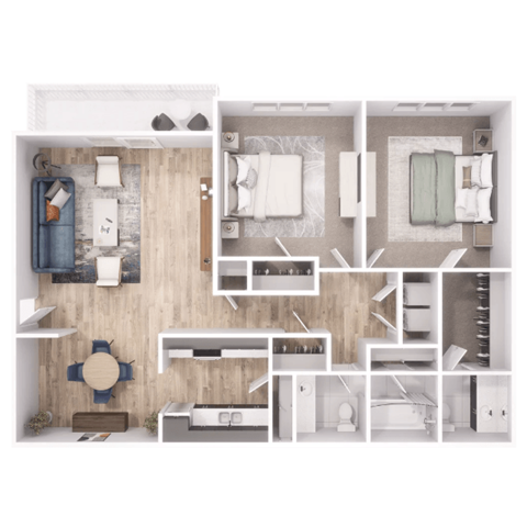 Floor plan for 2 beds, 1.5 baths, 976 sqft