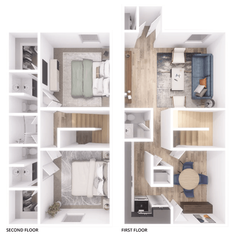Floor plan for 2 beds, 2.5 baths, 1262 sqft